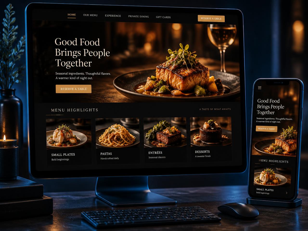 Sample concept: photo-forward restaurant website shown on desktop and mobile